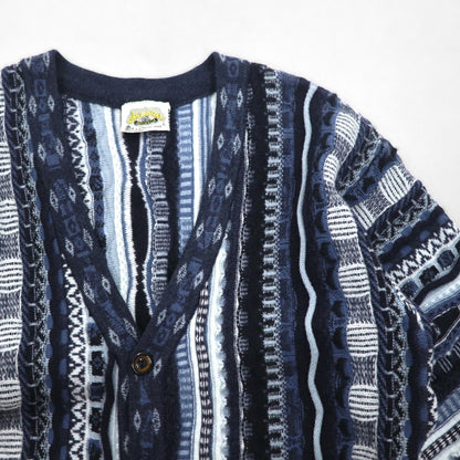 90s Australian Vintage AKLANDA 3D Knit Cardigan, 3D Knit Jacquard Cardigan, Size L, Navy, Made in Australia
