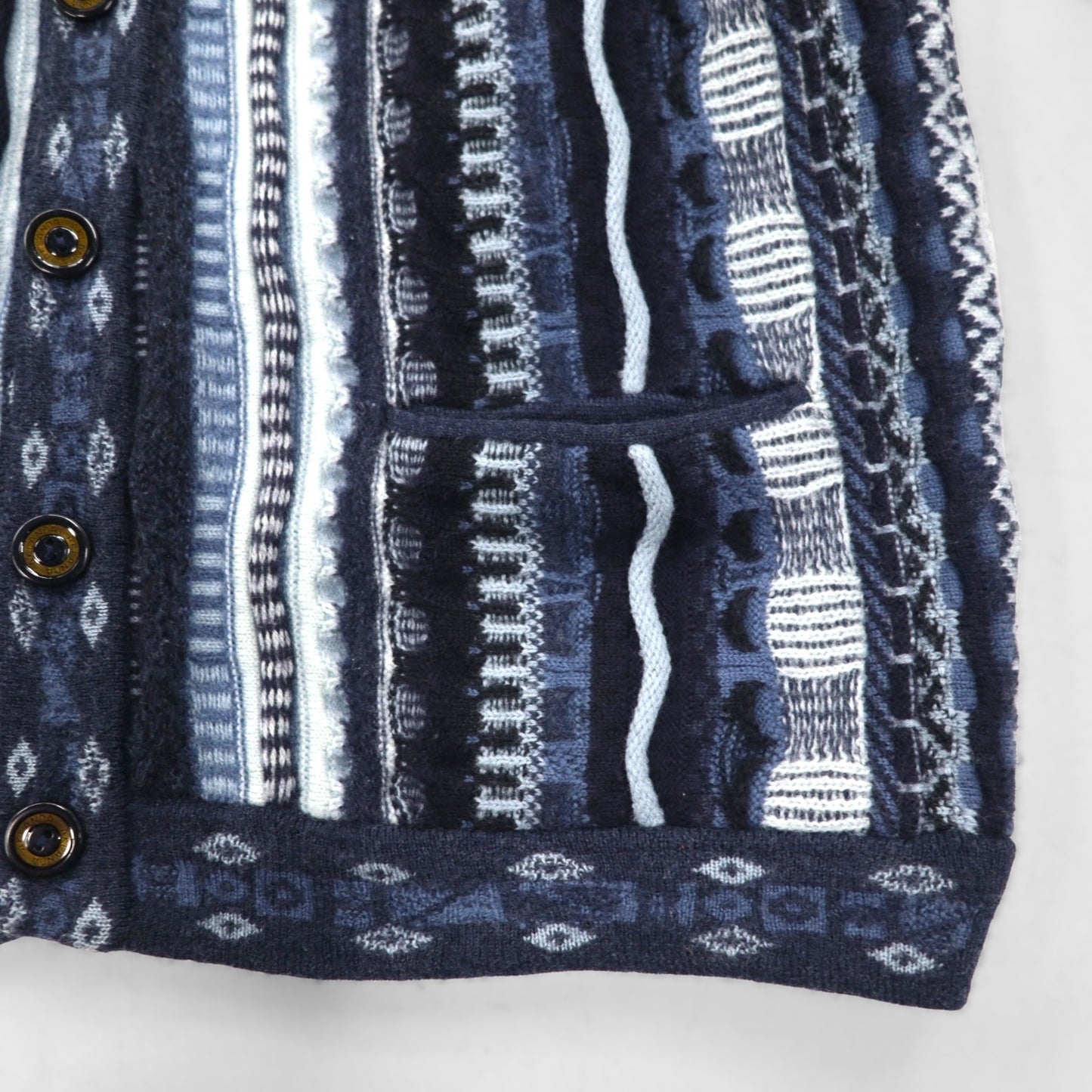 90s Australian Vintage AKLANDA 3D Knit Cardigan, 3D Knit Jacquard Cardigan, Size L, Navy, Made in Australia