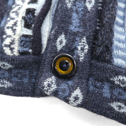 90s Australian Vintage AKLANDA 3D Knit Cardigan, 3D Knit Jacquard Cardigan, Size L, Navy, Made in Australia