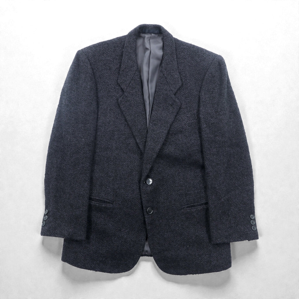 FRANCESCO FIORDELLI Tweed 2B Tailored Jacket, Leather, Medium, Wool, Charcoal Gray