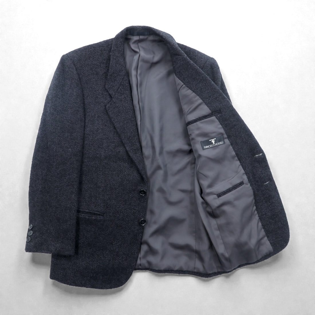 FRANCESCO FIORDELLI Tweed 2B Tailored Jacket, Leather, Medium, Wool, Charcoal Gray