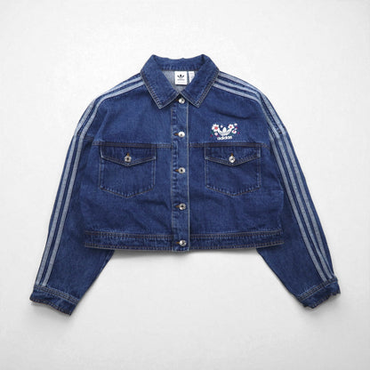 adidas Originals Cropped Denim Jacket, Size XL, Indigo, Wide Fit, Embroidered, Trefoil, 3-Stripes, Floral Print, IP3767