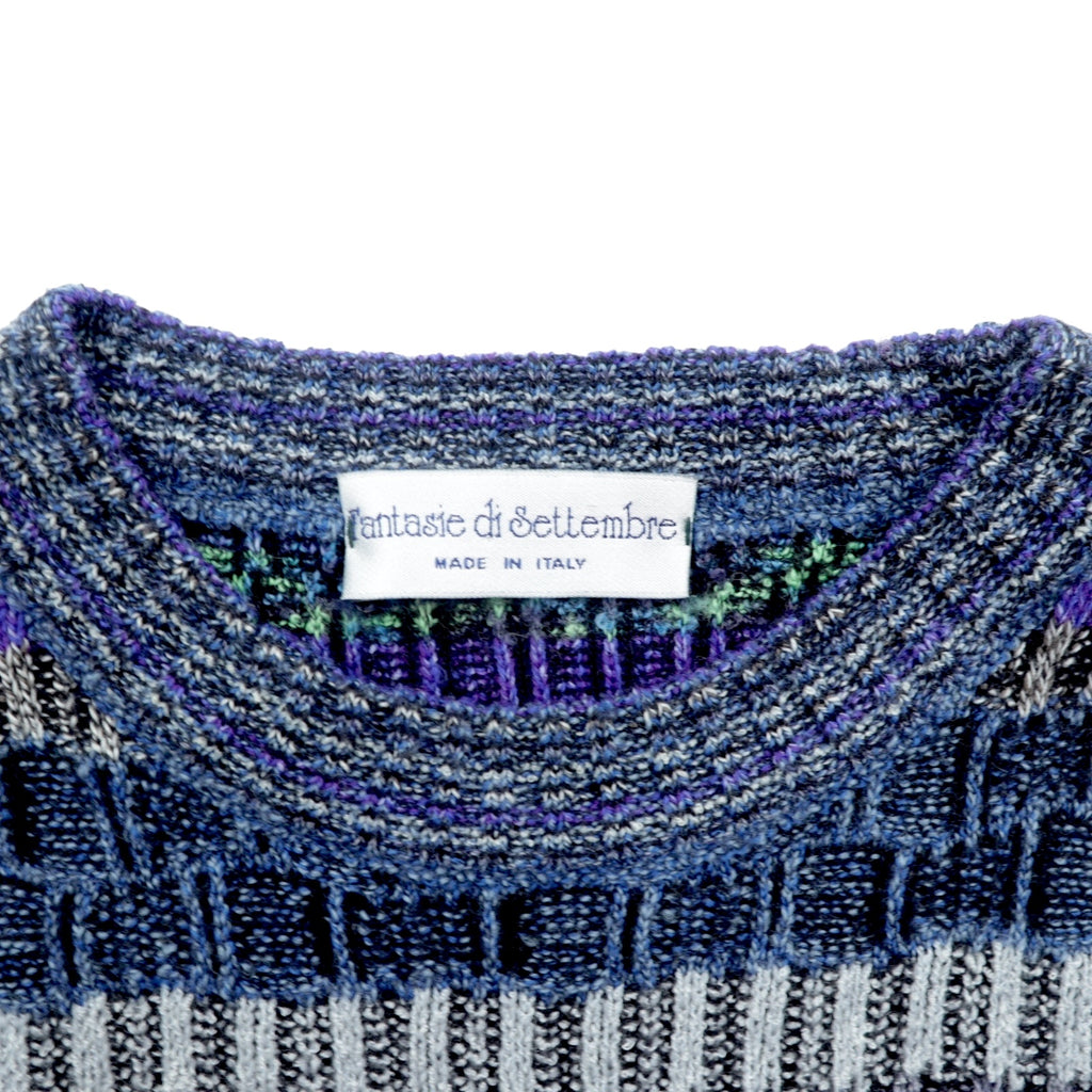 FANTASIE DI SETTEMBRE 90s Made in Italy Jacquard Knit Sweater, Large, Blue Wool Allover Pattern, Border