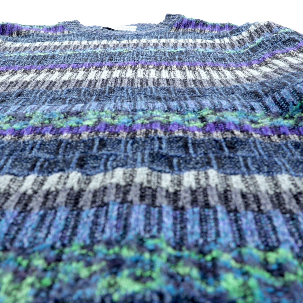 FANTASIE DI SETTEMBRE 90s Made in Italy Jacquard Knit Sweater, Large, Blue Wool Allover Pattern, Border