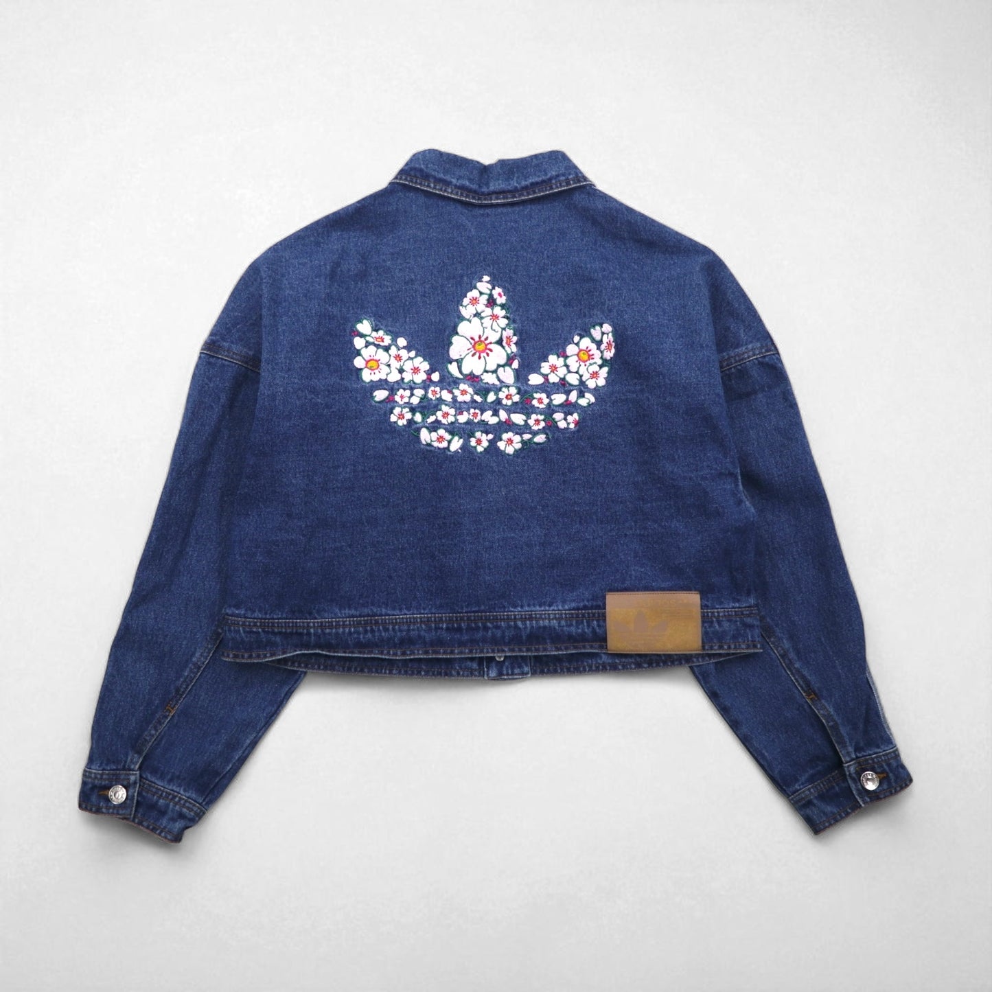 adidas Originals Cropped Denim Jacket, Size XL, Indigo, Wide Fit, Embroidered, Trefoil, 3-Stripes, Floral Print, IP3767