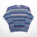 FANTASIE DI SETTEMBRE 90s Made in Italy Jacquard Knit Sweater, Large, Blue Wool Allover Pattern, Border