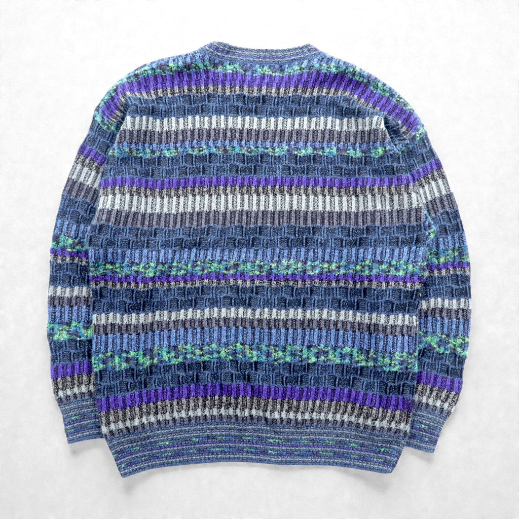 FANTASIE DI SETTEMBRE 90s Made in Italy Jacquard Knit Sweater, Large, Blue Wool Allover Pattern, Border