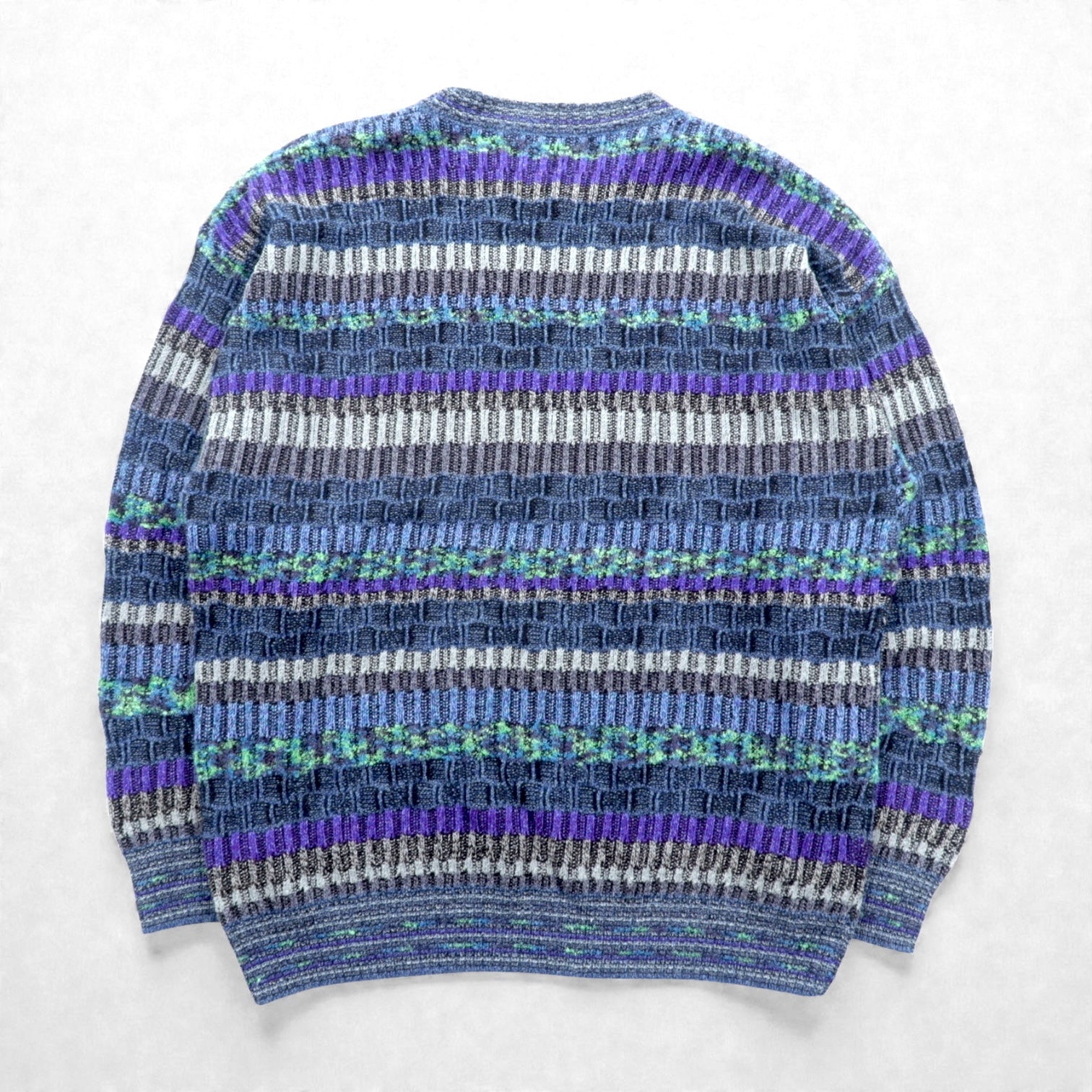 FANTASIE DI SETTEMBRE 90s Made in Italy Jacquard Knit Sweater, Large, Blue Wool Allover Pattern, Border