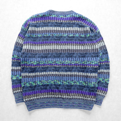 FANTASIE DI SETTEMBRE 90年代 イタリア製 ジャガード ニット セーター L ブルー ウール 総柄 ボーダー