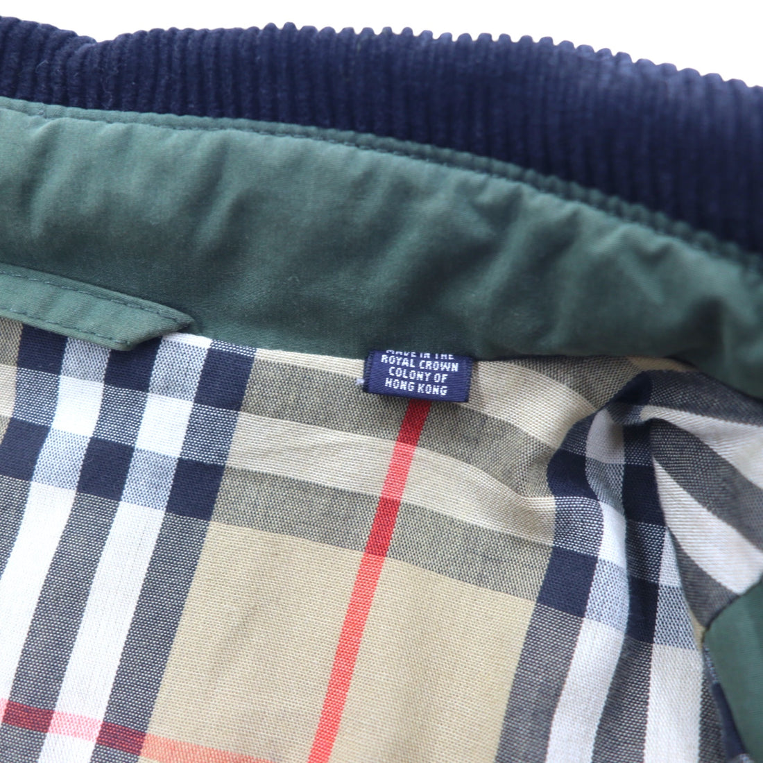Burberrys 80s quilted jacket coat L khaki cotton polyester lining Nova check drawstring collar and sleeves corduroy