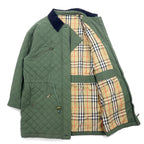 Burberrys 80s quilted jacket coat L khaki cotton polyester lining Nova check drawstring collar and sleeves corduroy