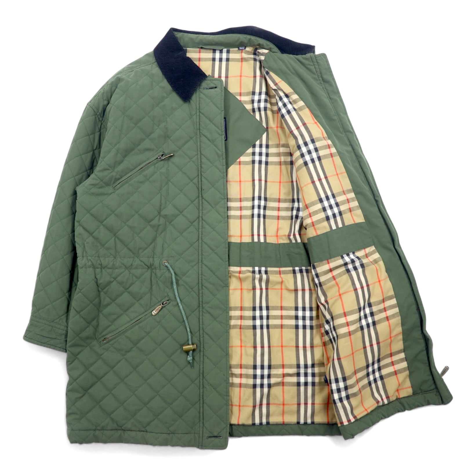 Burberrys 80s quilted jacket coat L khaki cotton polyester lining Nova check drawstring collar and sleeves corduroy