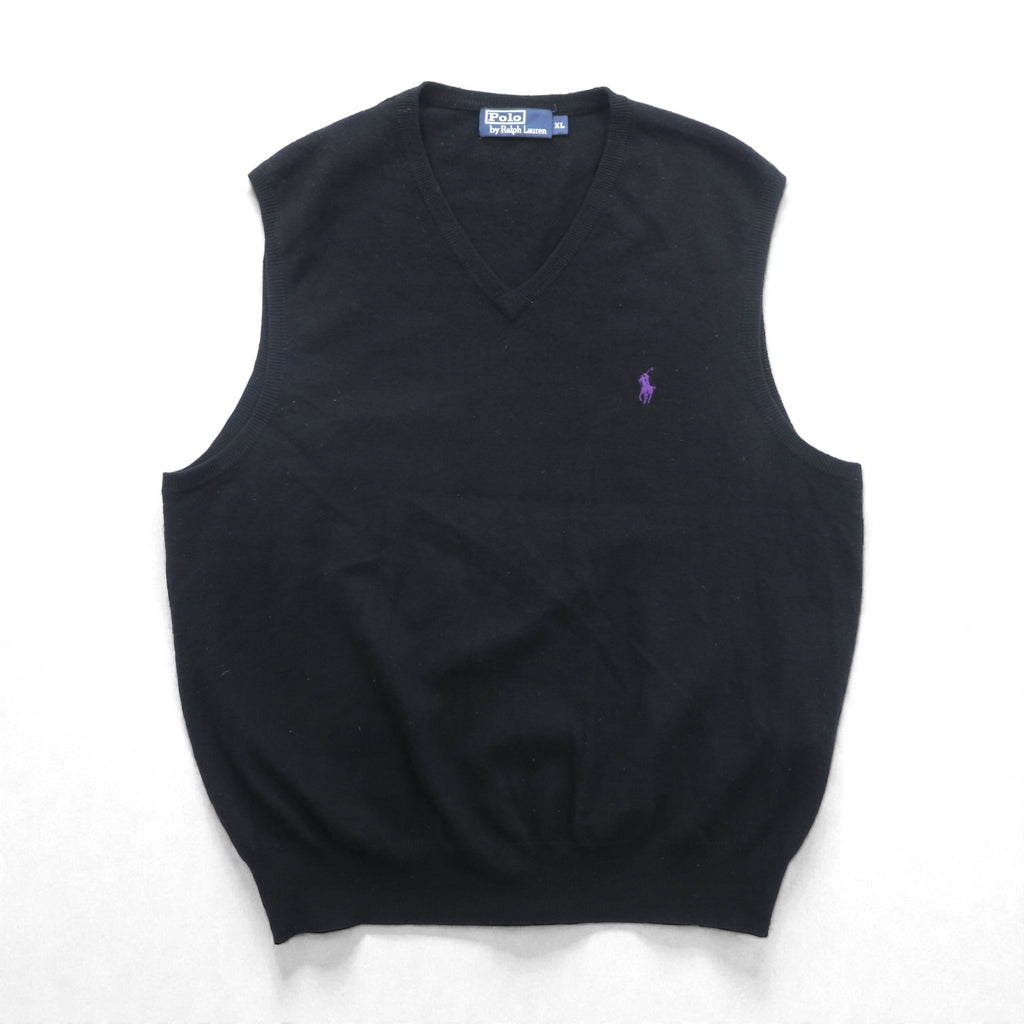 Polo Ralph Lauren 90年代 メリノウール ニット Vネック ベスト XL ブラック 羊毛 スモールポニー刺繡