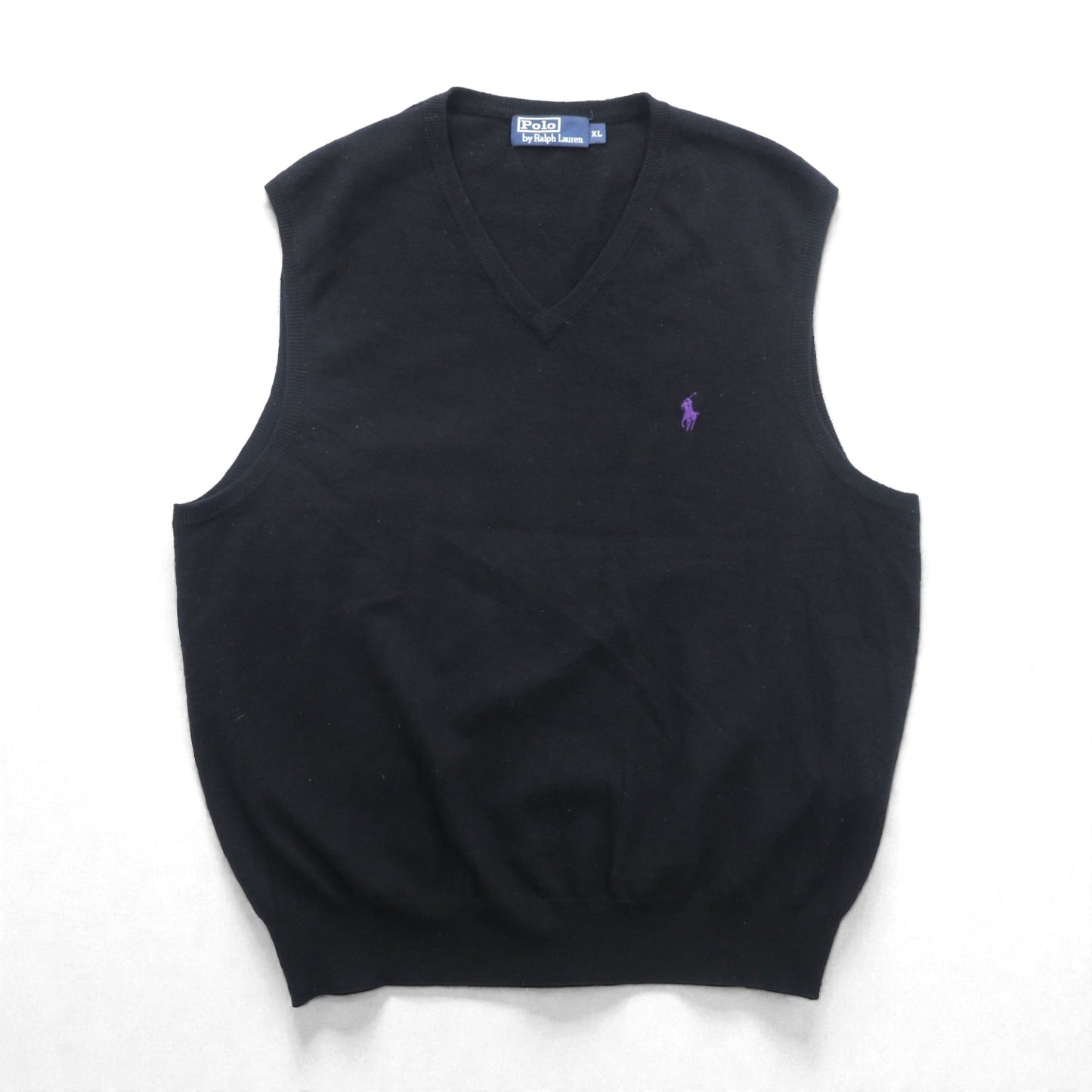 Polo Ralph Lauren 90年代 メリノウール ニット Vネック ベスト XL ブラック 羊毛 スモールポニー刺繡