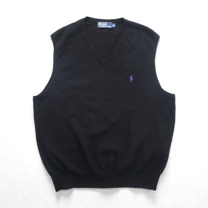 Polo Ralph Lauren 90年代 メリノウール ニット Vネック ベスト XL ブラック 羊毛 スモールポニー刺繡