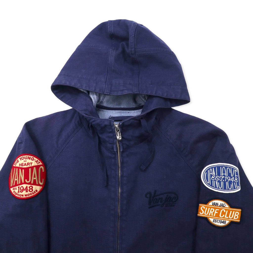 VAN -JAC- Denim Hooded Swing Top M Blue Cotton Dark Blue Logo Embroidery Patch
