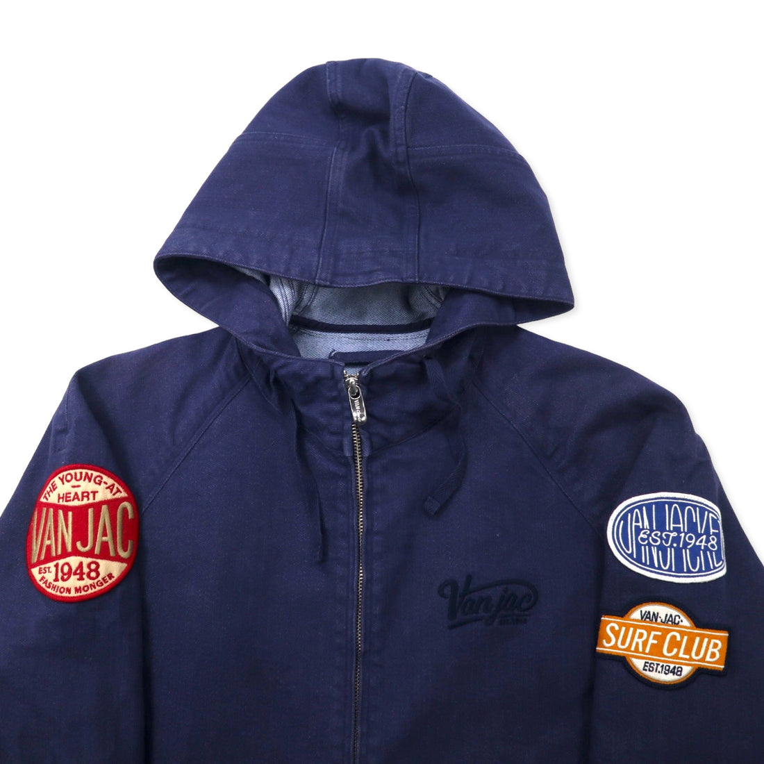 VAN -JAC- Denim Hooded Swing Top M Blue Cotton Dark Blue Logo Embroidery Patch