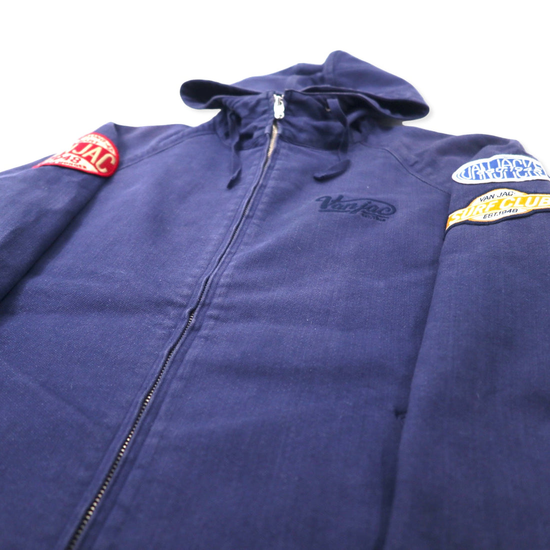 VAN -JAC- Denim Hooded Swing Top M Blue Cotton Dark Blue Logo Embroidery Patch