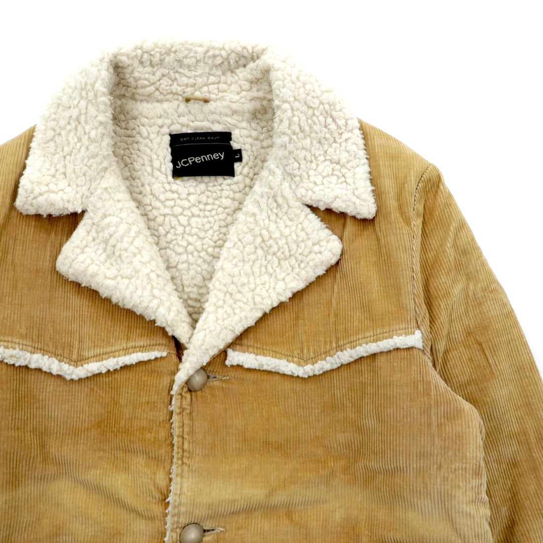 J.C. PENNEY 80s Vintage Ranch Coat Corduroy Jacket, Size L, Beige, Boa Lining, Sherpa