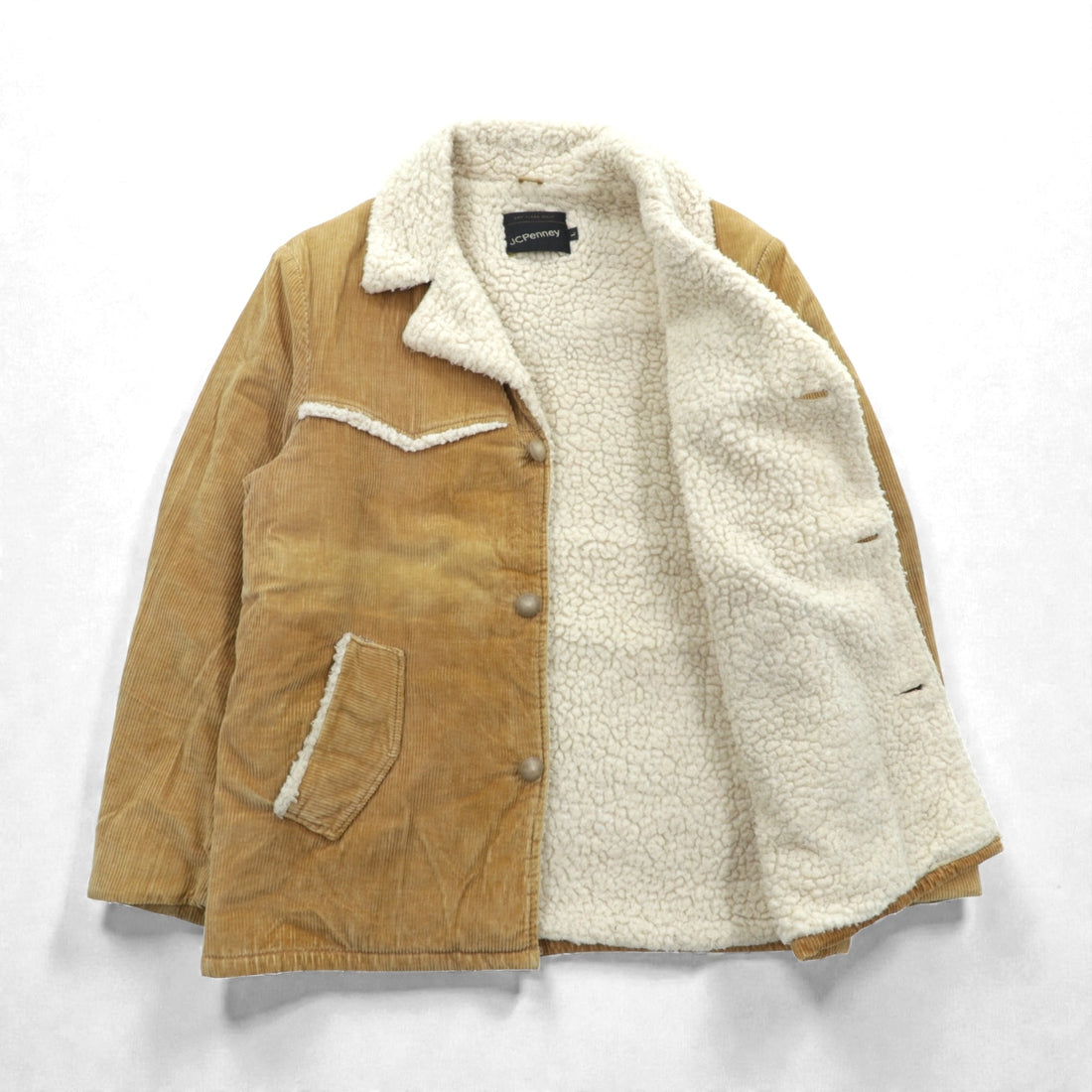 J.C. PENNEY 80s Vintage Ranch Coat Corduroy Jacket, Size L, Beige, Boa Lining, Sherpa