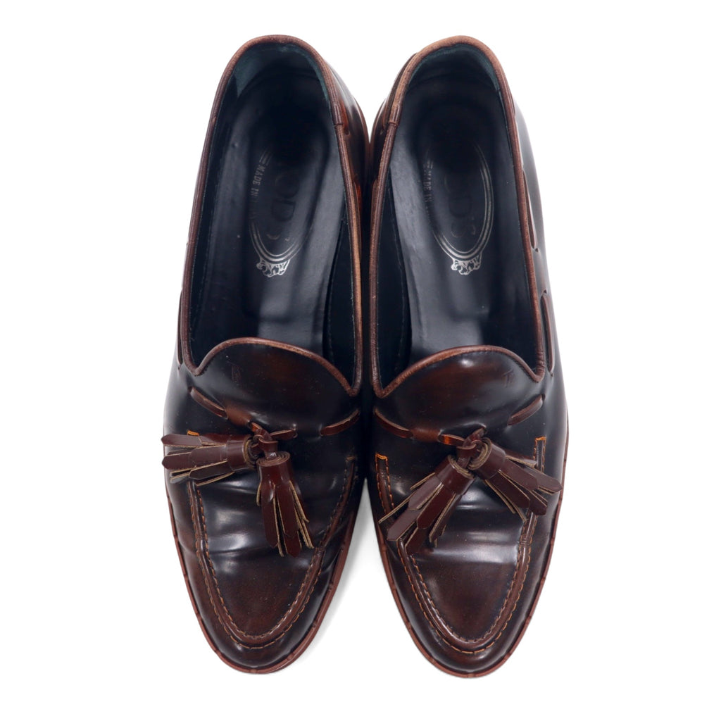 TOD'S Platform Tassel Loafer 24.5cm Brown Leather Made in Italy