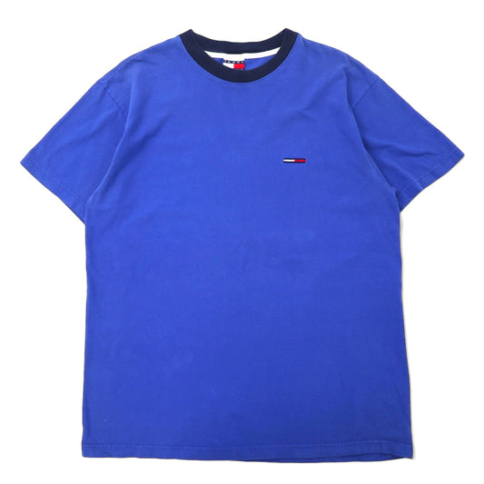 日本然リトテ-古着オンライン-TOMMY JEANS USA製 90年代 リンガー Tシャツ L ブルー コットン ワンポイントロゴ 刺繍-TOMMY JEANS USA Made 90's Ringer T-Shirt L Blue Cotton One Point Logo Embroidery