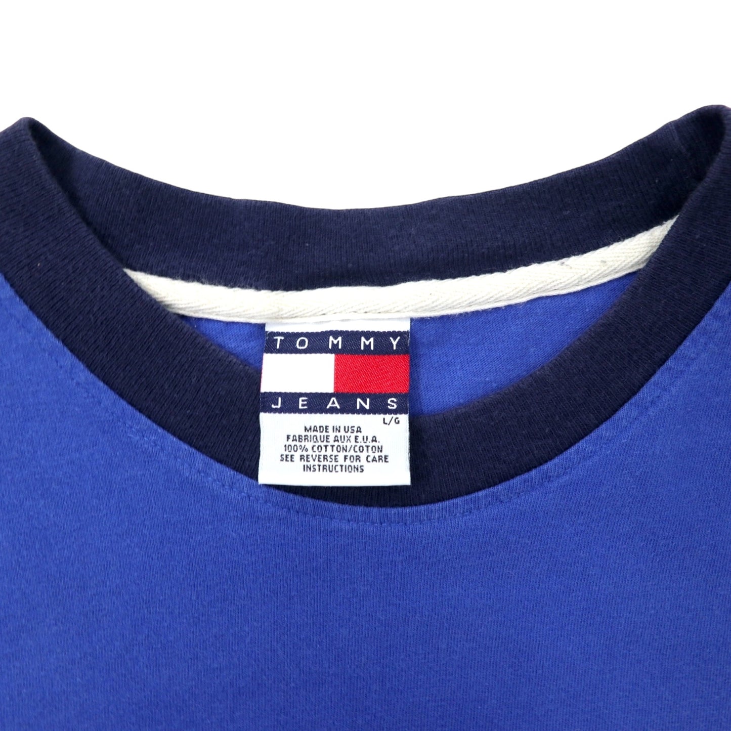 TOMMY JEANS USA製 90年代 リンガー Tシャツ L ブルー コットン ワンポイントロゴ 刺繍