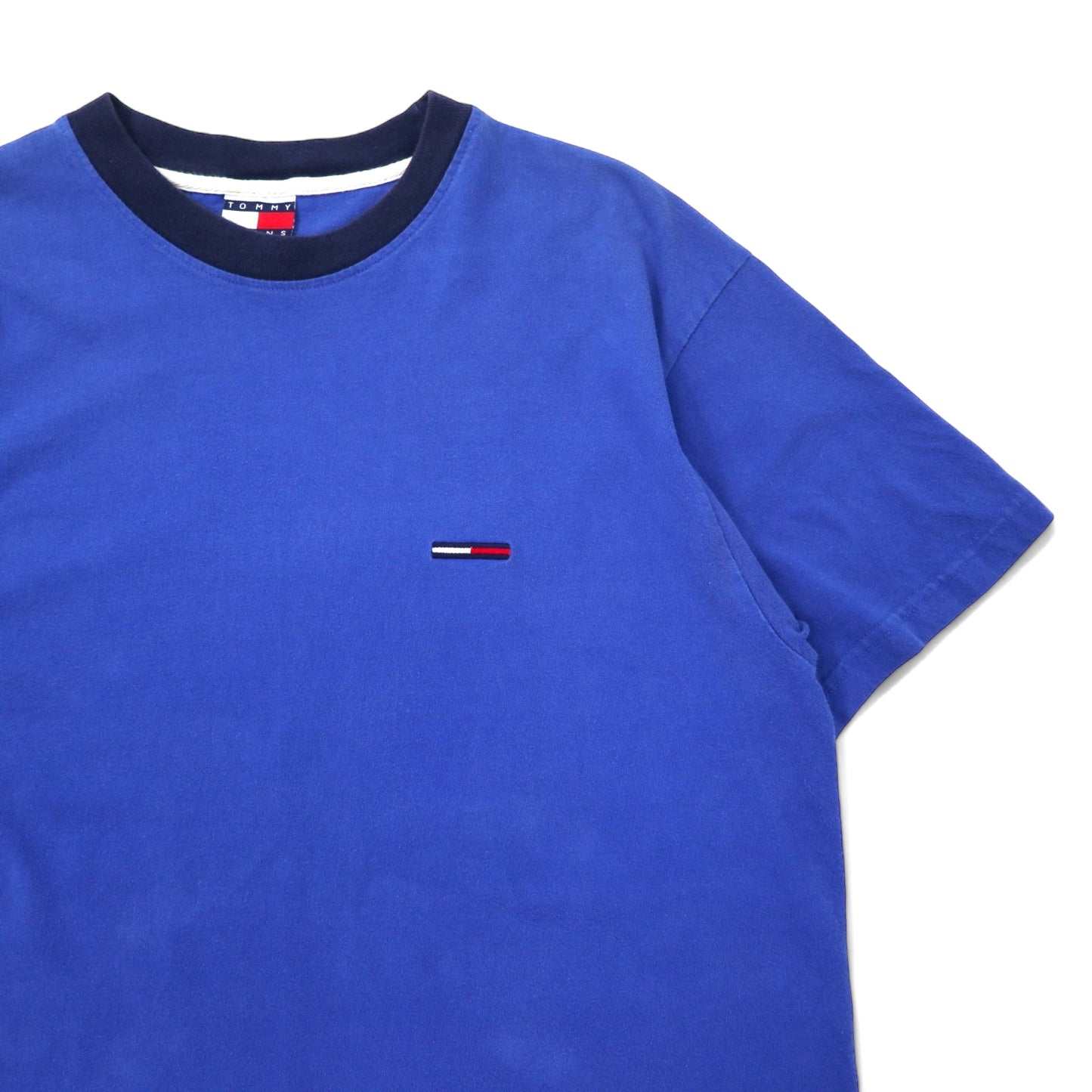 TOMMY JEANS USA製 90年代 リンガー Tシャツ L ブルー コットン ワンポイントロゴ 刺繍