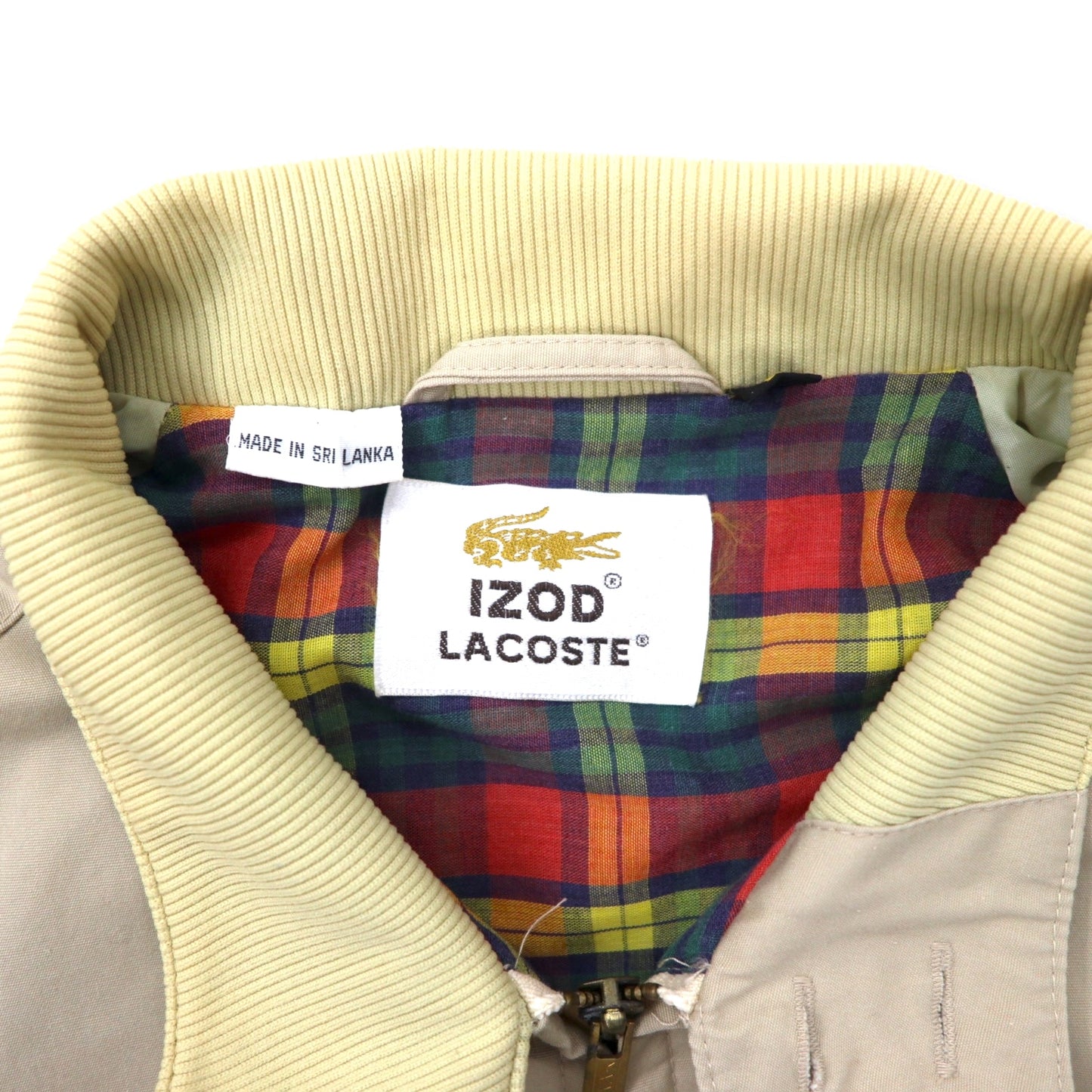 IZOD LACOSTE 90年代 スウィングトップ ハリントンジャケット L ベージュ コットン 裏地チェック ワンポイントロゴ スリランカ製