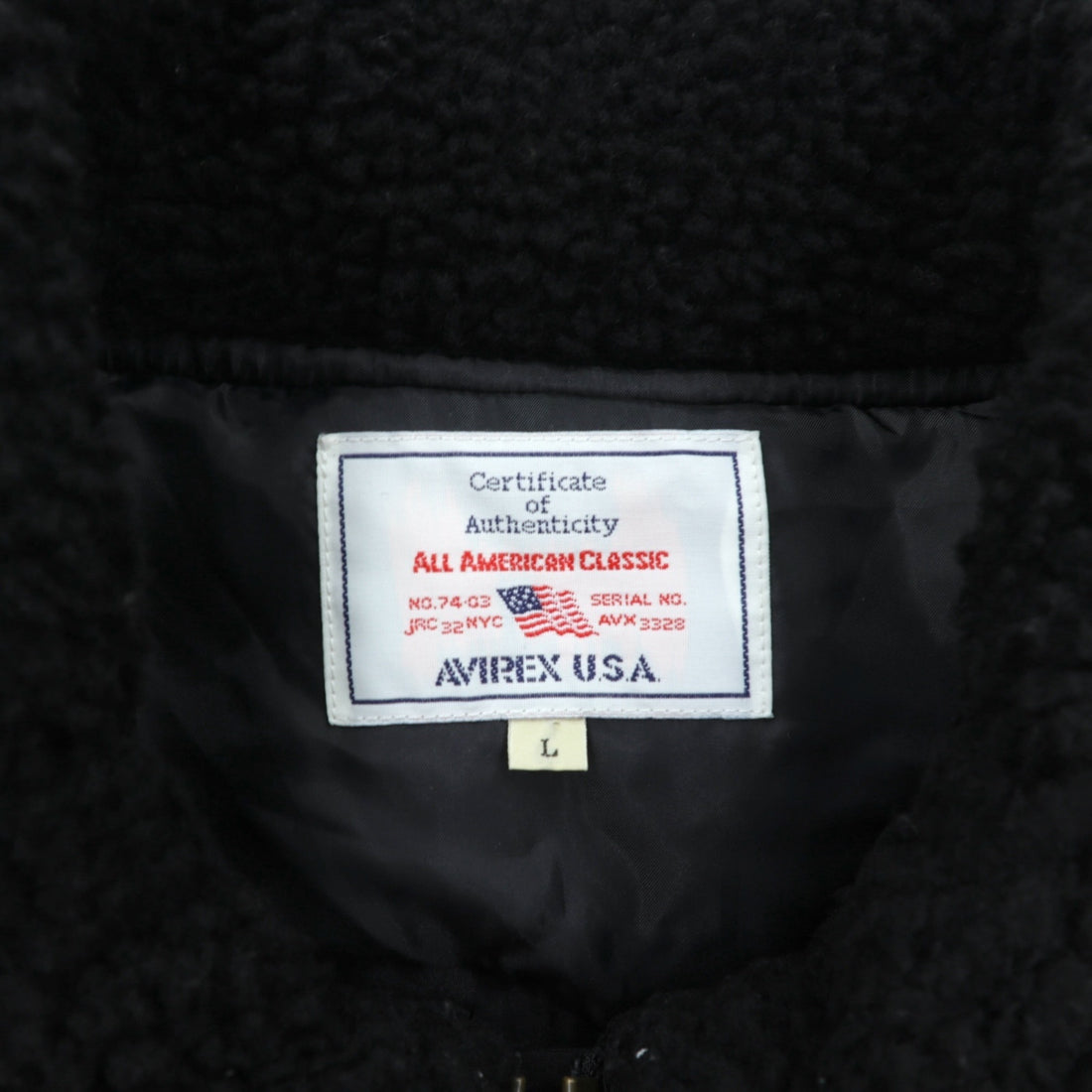 AVIREX B-3 Padded Flight Jacket, Large, Black, Chin Strap, Boa Collar, 6152232