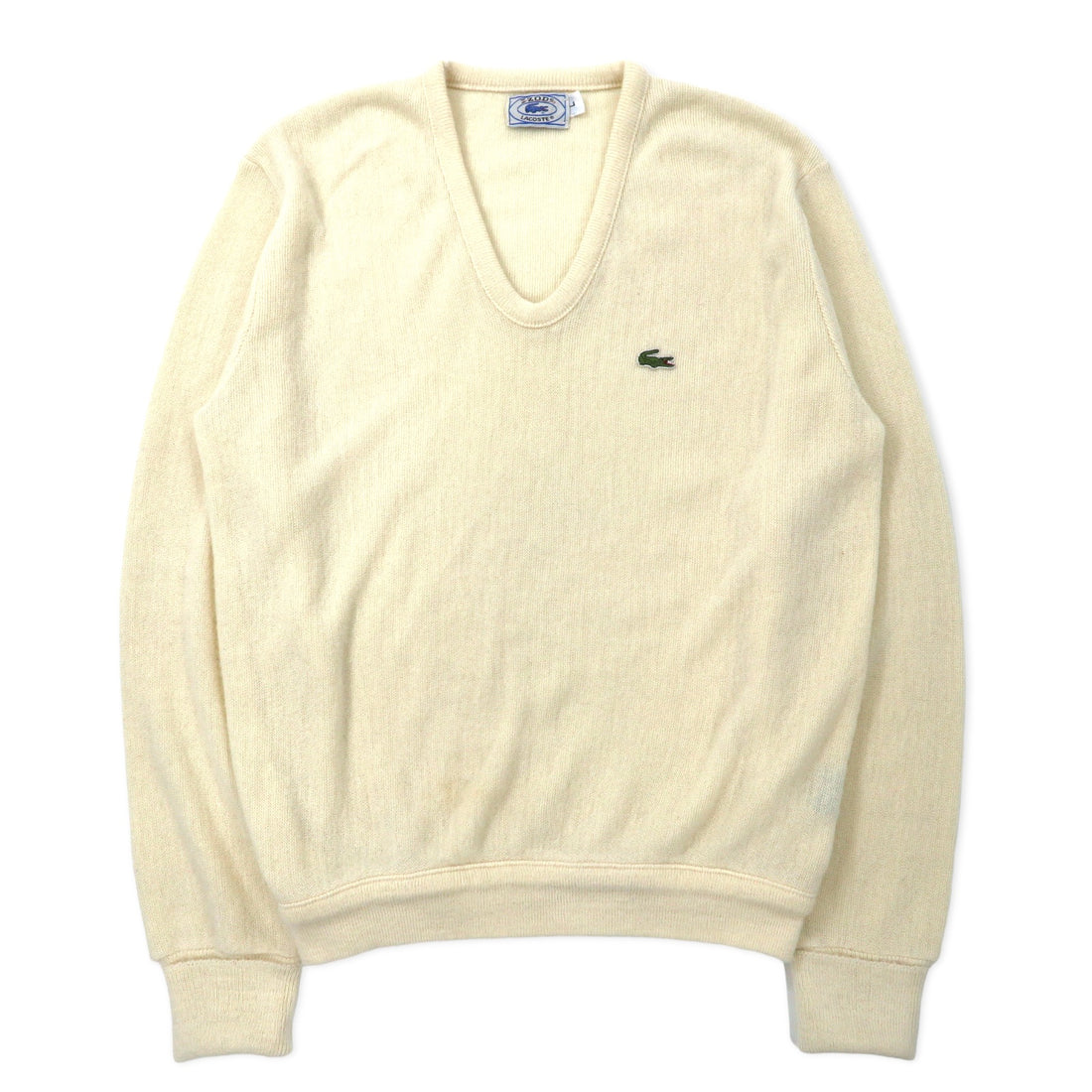 日本然リトテ-古着オンライン-IZOD LACOSTE 70年代 糸巻きタグ Vネック アクリルニット セーター L ホワイト ワンポイントロゴ-IZOD LACOSTE 70's Thread Wrap Tag V-Neck Acrylic Knit Sweater L White One Point Logo