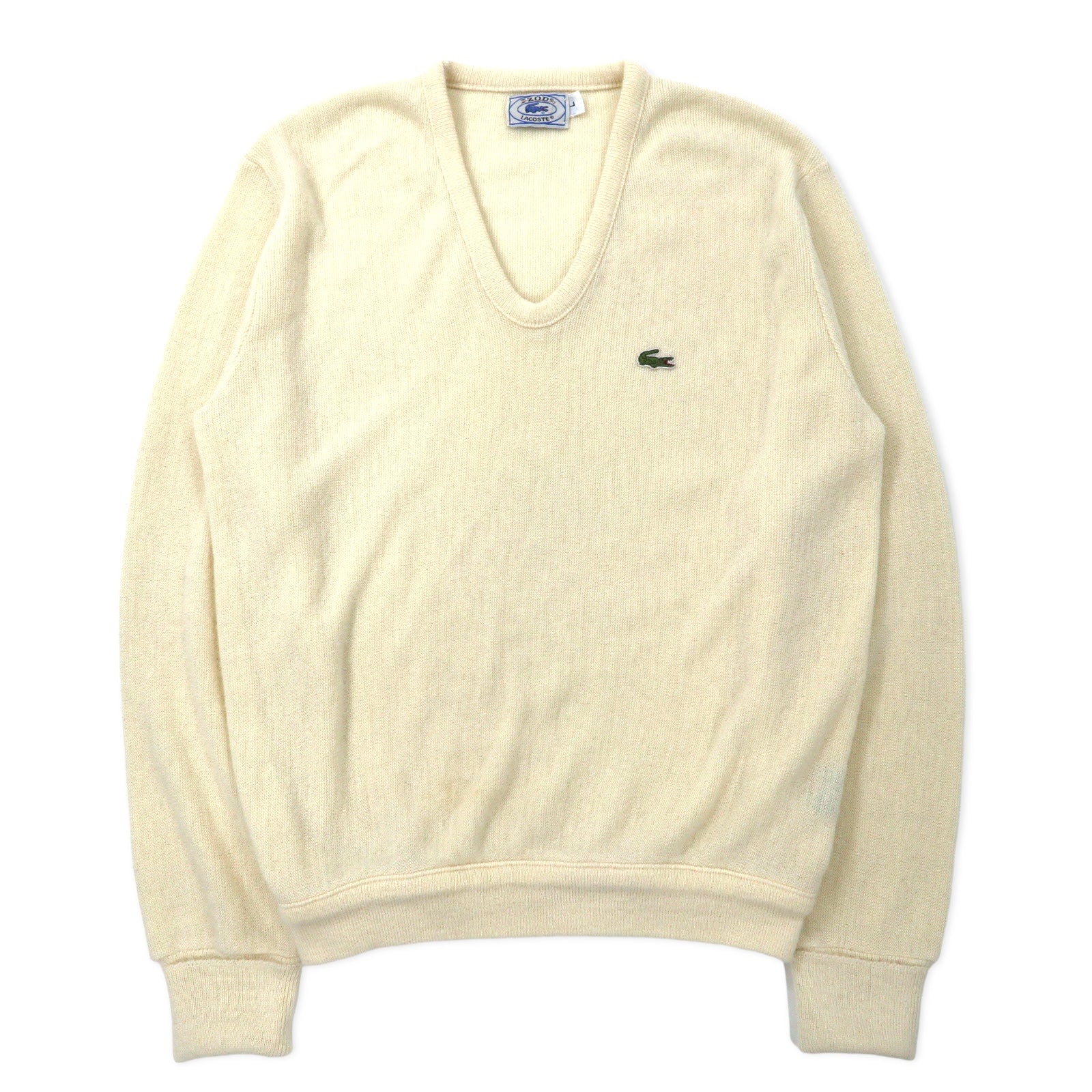 日本然リトテ-古着オンライン-IZOD LACOSTE 70年代 糸巻きタグ Vネック アクリルニット セーター L ホワイト ワンポイントロゴ-IZOD LACOSTE 70's Thread Wrap Tag V-Neck Acrylic Knit Sweater L White One Point Logo