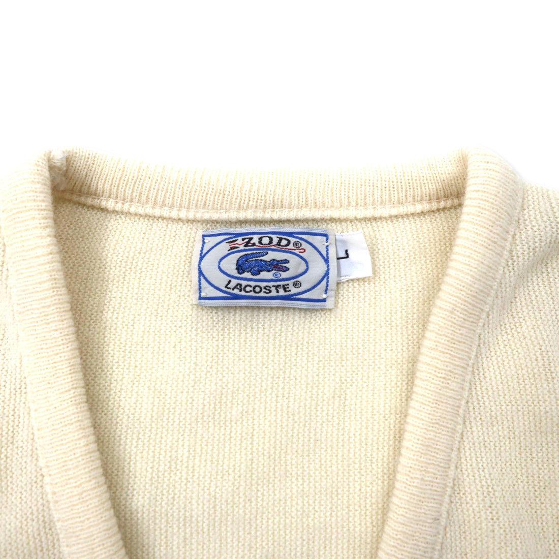 IZOD LACOSTE 70s Spool Tag V-neck Acrylic Knit Sweater L White One Point Logo
