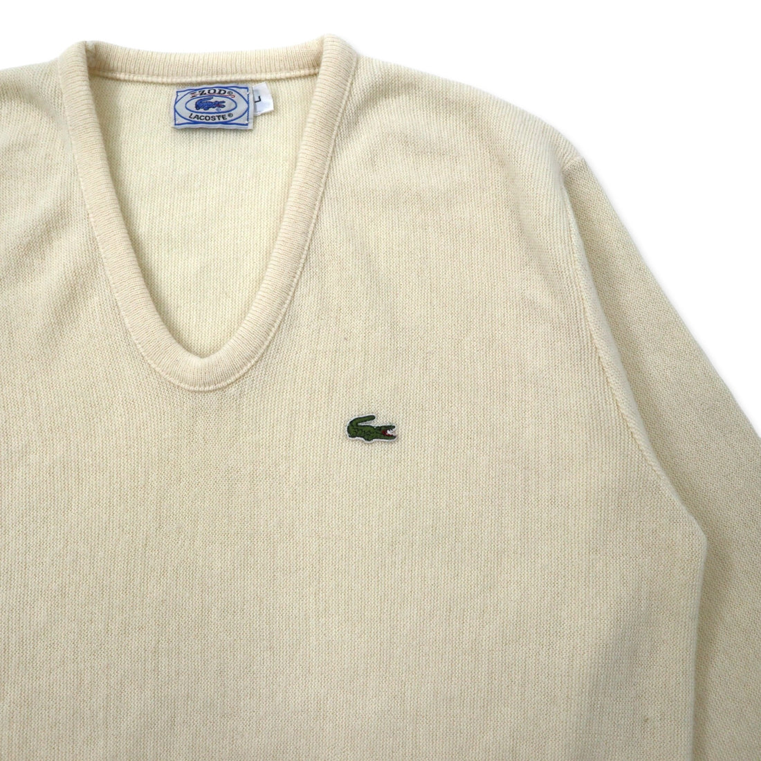 IZOD LACOSTE 70s Spool Tag V-neck Acrylic Knit Sweater L White One Point Logo