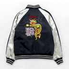 鏡花水月 サテン スカジャン M ブラック キルティングライナー 龍 桜 刺繍