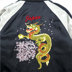 鏡花水月 サテン スカジャン M ブラック キルティングライナー 龍 桜 刺繍