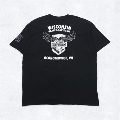 HARLEY DAVIDSON Double-sided Print V-neck T-shirt 2XL Black Bike WISCONSIN
