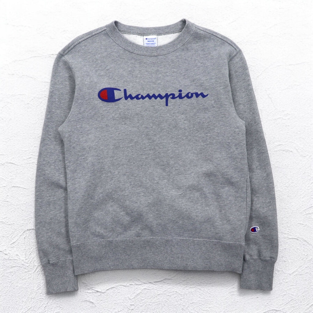 Champion Crew Neck Sweatshirt M Grey Cotton Logo Print C3-H004