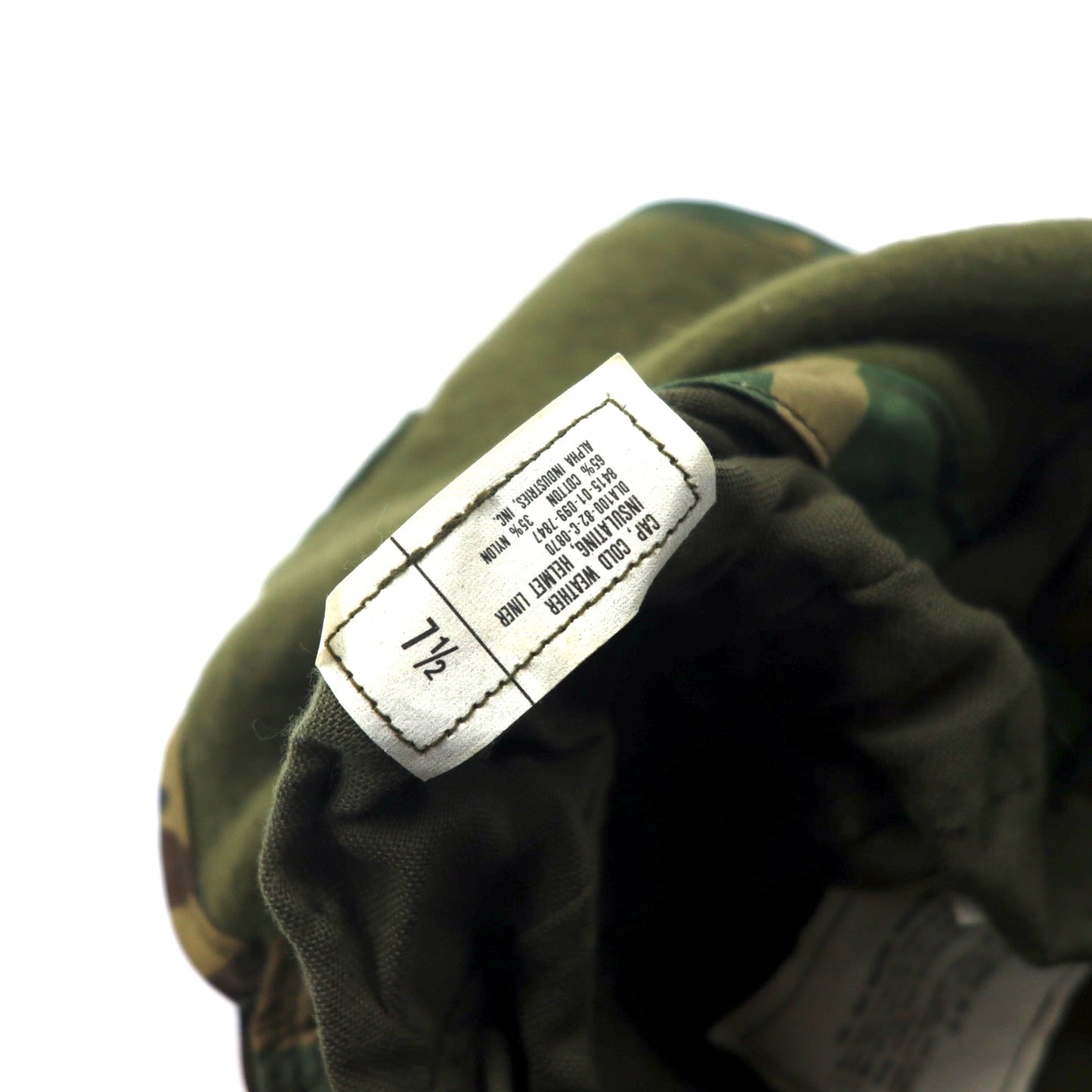 ALPHA INDUSTRIES 80年代 US ARMY 米軍 フライトキャップ ヘルメットライナーキャップ M-65 59.6cm カーキ カモフラ コットン ミリタリー CAP COLD WEATHER INSULATING HELMET LINER WOODLAND CAMOUFLAGE 8415-01-099-7847