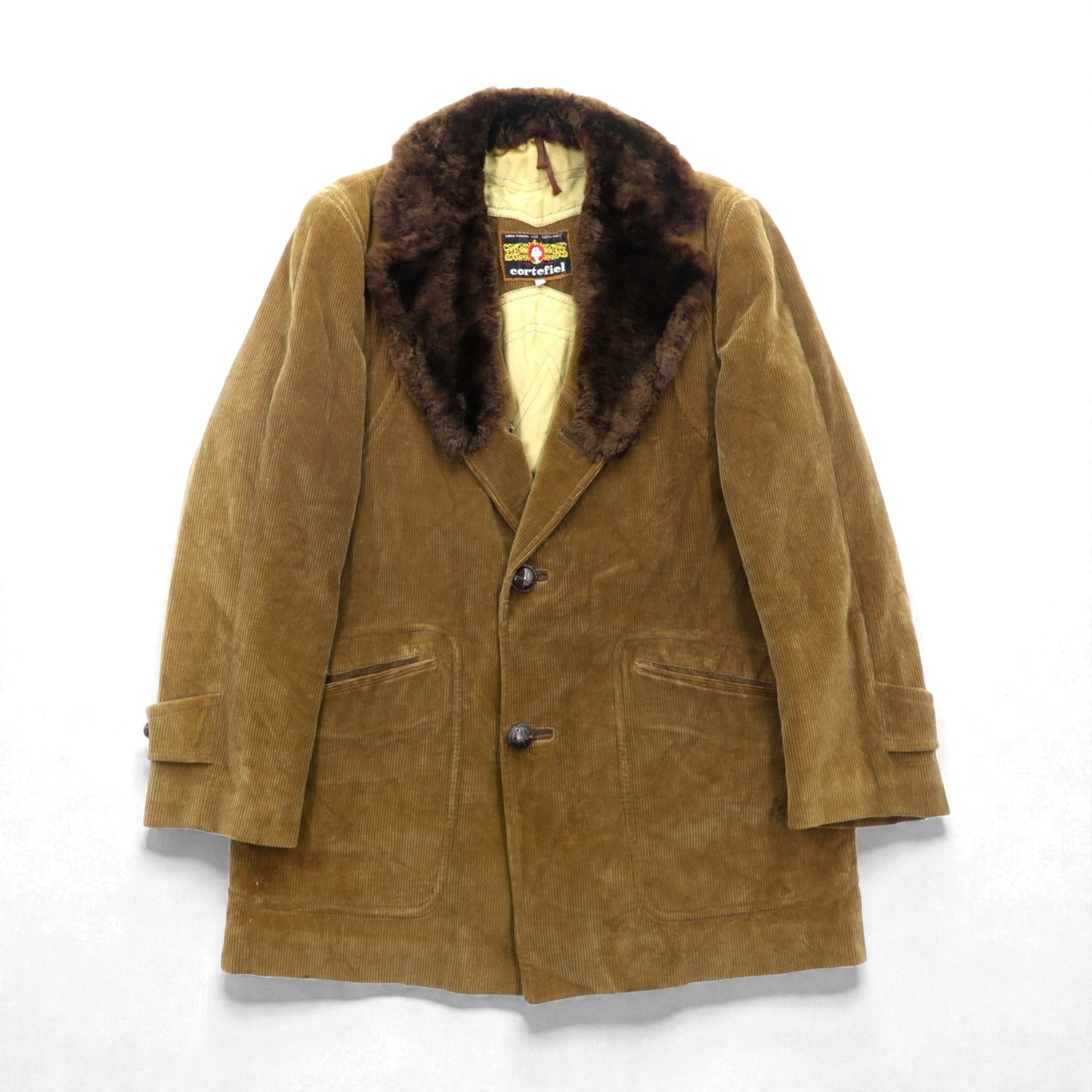 Cortefiel 70年代 スペイン製 ヴィンテージ ギャングコート コーデュロイ L ブラウン ファー 襟
