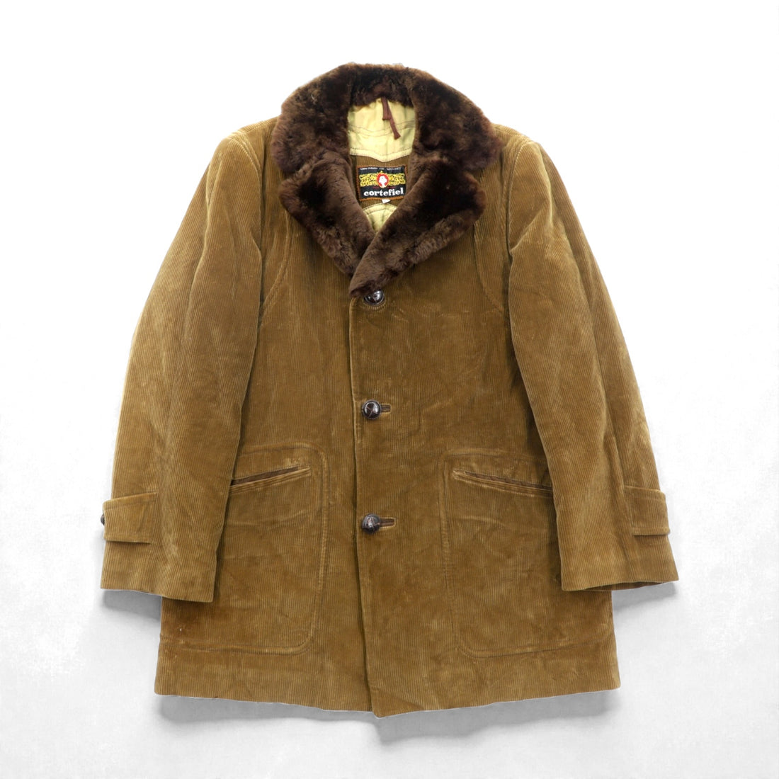 Cortefiel 70s Spanish Made Vintage Gangster Coat, Corduroy, Large, Brown Fur Collar