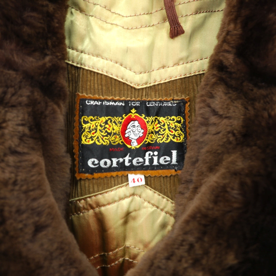 Cortefiel 70s Spanish Made Vintage Gangster Coat, Corduroy, Large, Brown Fur Collar