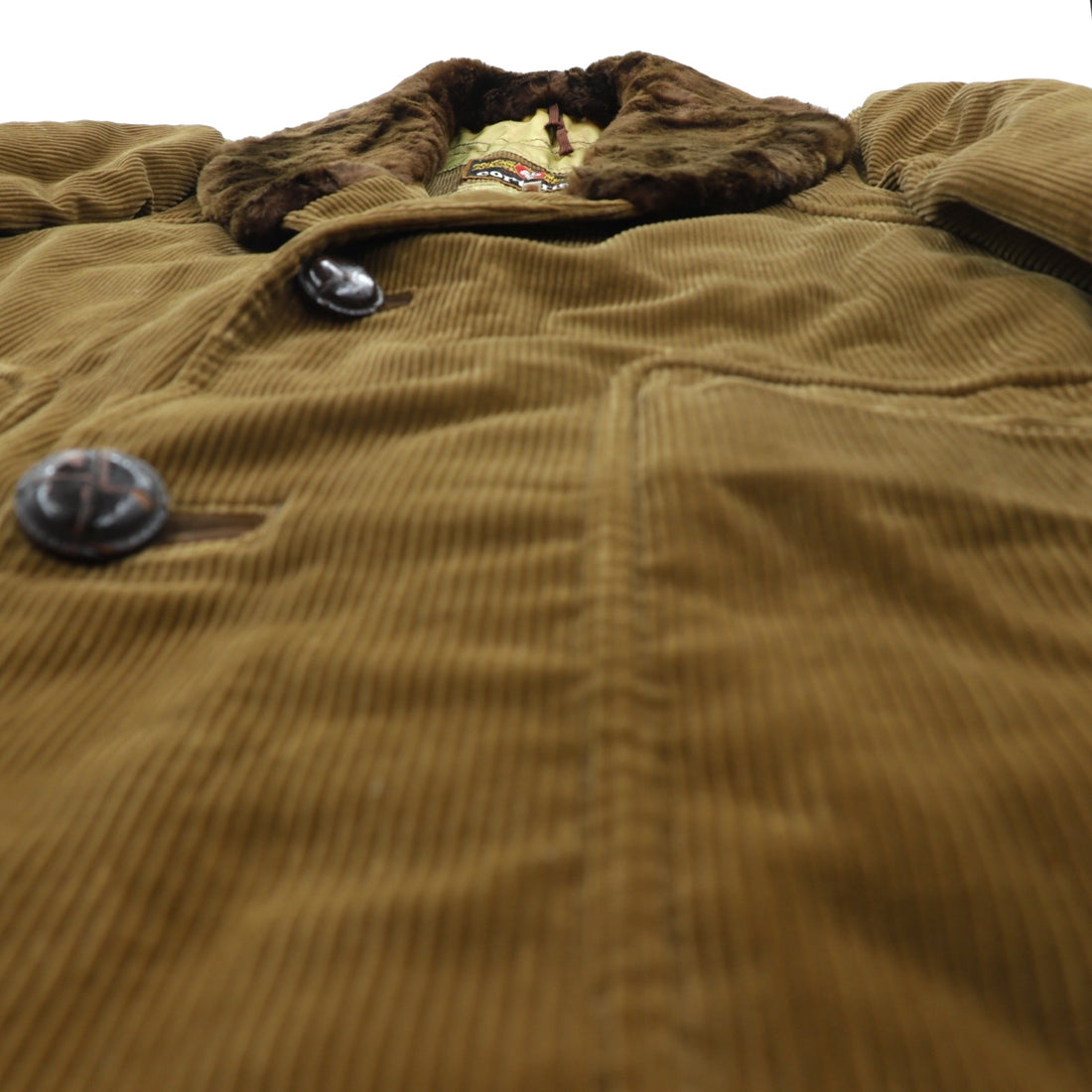 Cortefiel 70s Spanish Made Vintage Gangster Coat, Corduroy, Large, Brown Fur Collar