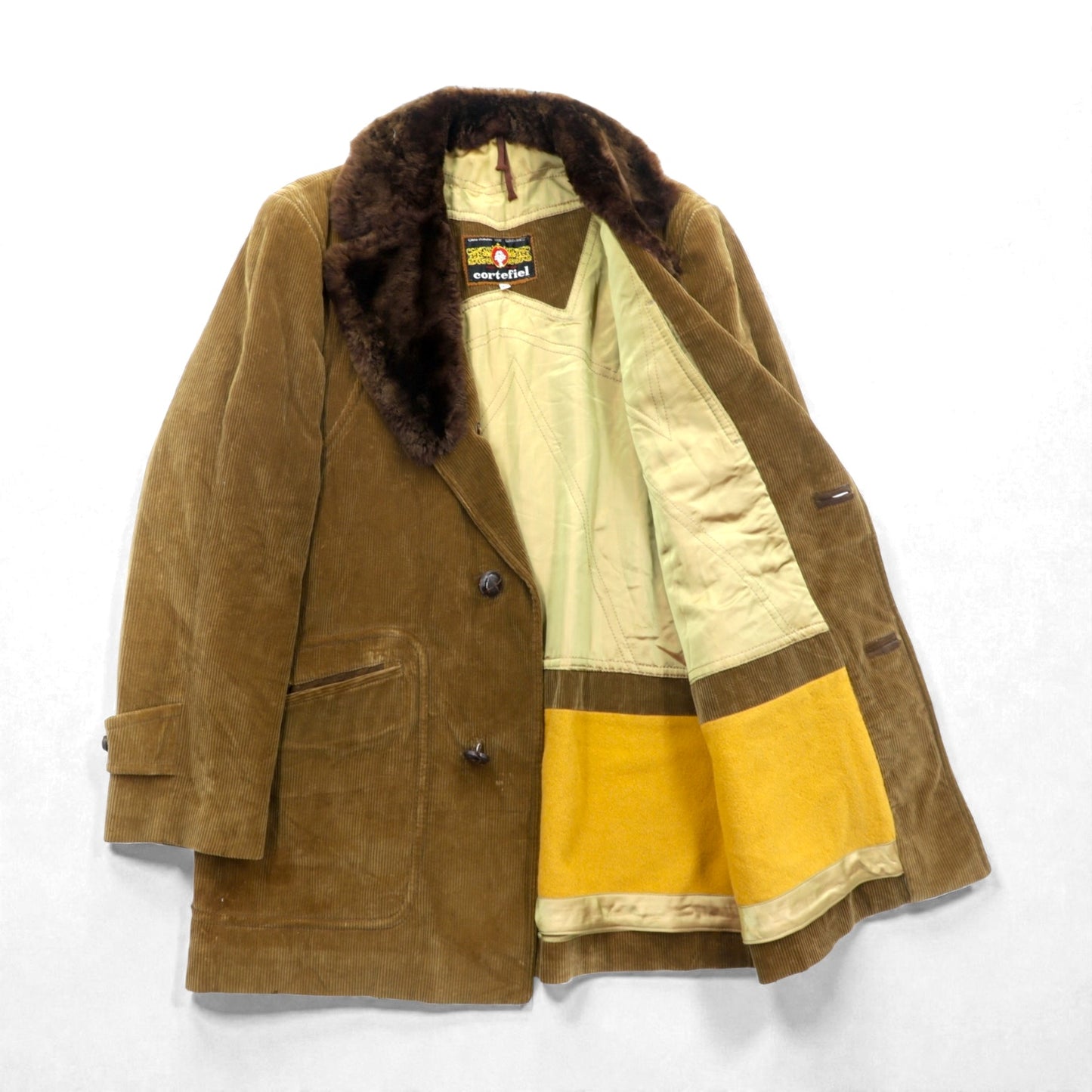 Cortefiel 70年代 スペイン製 ヴィンテージ ギャングコート コーデュロイ L ブラウン ファー 襟