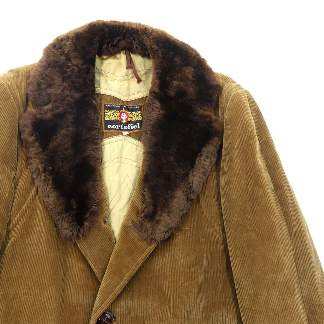 Cortefiel 70s Spanish Made Vintage Gangster Coat, Corduroy, Large, Brown Fur Collar
