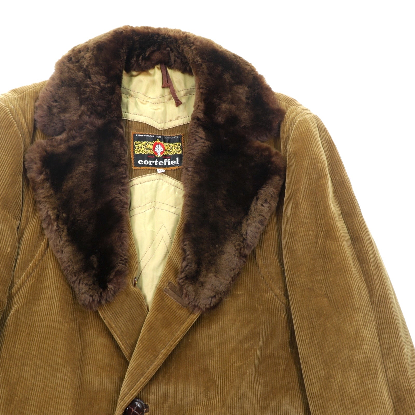 Cortefiel 70年代 スペイン製 ヴィンテージ ギャングコート コーデュロイ L ブラウン ファー 襟