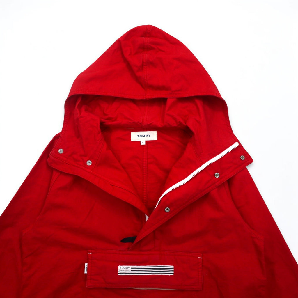 TOMMY Anorak Parka S Red Cotton Half Zip Drawstring Kangaroo Pocket