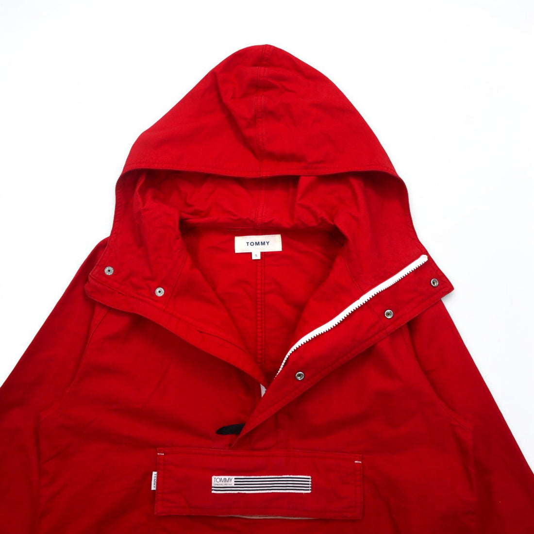 TOMMY Anorak Parka S Red Cotton Half Zip Drawstring Kangaroo Pocket
