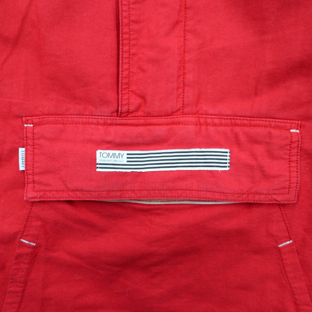 TOMMY Anorak Parka S Red Cotton Half Zip Drawstring Kangaroo Pocket
