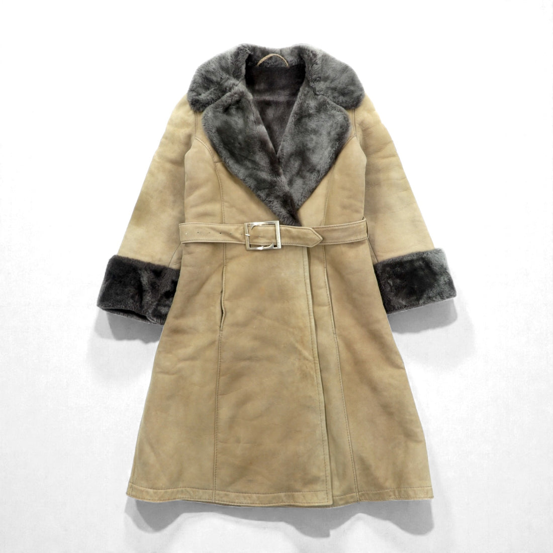 Vintage LOEWE Shearling Long Coat, XL, Fur Collar, Belted, Made in Spain